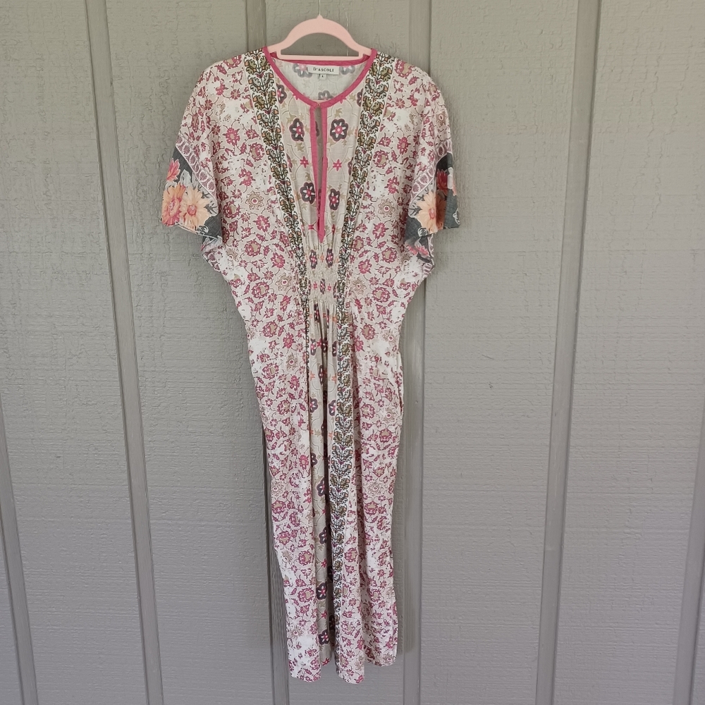 D'ascoli Naama Floral Dress Size L Women Boho Cotton Keyhole Slit Smocked Detail